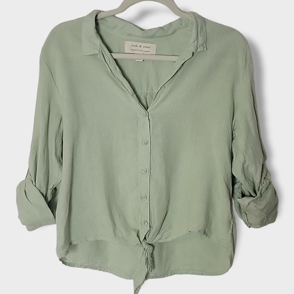 Cloth & Stone Pistachio Green 100% Linen Button Down Waist Tie Top Size Small